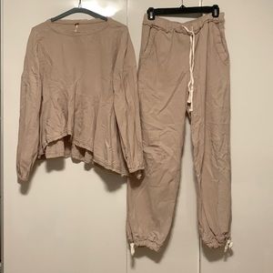 Free people cotton linen sweat pants asymmetric long sleeve top set xs nwot